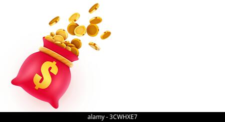 Rote Geldtasche mit Dollarzeichen und Goldmünzen, die Wohlstand, Ersparnisse und finanziellen Wohlstand symbolisieren. Vektorabbildung. Stock Vektor
