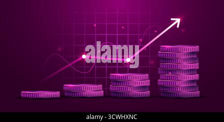 Münzen stapeln sich mit einem aufsteigenden Pfeildiagramm auf einem Raster, das das Geschäftswachstum und die Steigerung des Gewinns veranschaulicht. Vektorabbildung Stock Vektor