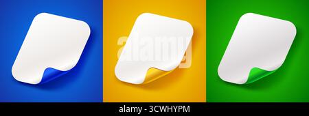 Leere gewellte Papieretiketten auf lebendigem Hintergrund. Drei leere Klebeetiketten für Text oder Werbeaktionen. Vektorabbildung. Stock Vektor