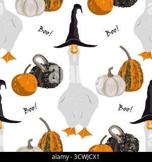 Nahtloses Muster mit Kürbissen und süßer Gans in Hexenhut. Halloween-Hintergrund, Vektor-Illustration. Stock Vektor
