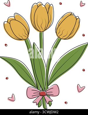 Drei gelbe Tulpen mit schwarzer Linienkontur und Farbfüllung in Boho-Palette, Vektor bunter Blumenstrauß mit einer rosa Schleife und Herzen herum Stock Vektor