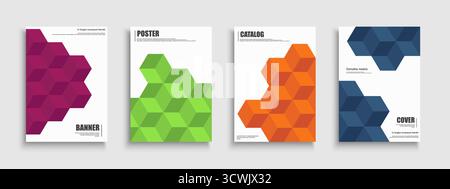 Sammlung von farbigen modernen Covern, Vorlagen, Hintergründen, Plakaten, Broschüren, Banner, Flyer. Abstrakter Druck mit geometrischen 3D-Würfelformen für Stock Vektor