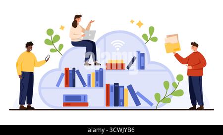 Modernes digitales Bibliothekskonzept, bei dem Menschen Cloud-Speicher für Bücher, Dateien und drahtlose Datenfreigabe nutzen, das Online-Bildung und Informationszugriff auf einer Vektorillustration mit weißem Hintergrund darstellt Stock Vektor