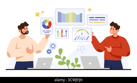 Zwei Kollegen analysieren bunte Datendiagramme, Diagramme und Statistiken auf Laptops, die Teamarbeit und Geschäftsanalysen darstellen, isoliert auf Vektorillustration mit weißem Hintergrund Stock Vektor