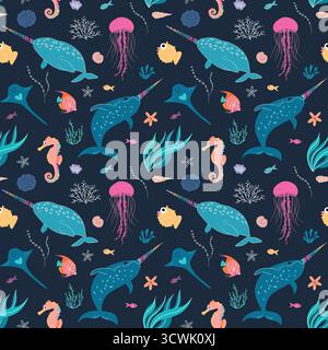 Buntes nahtloses Vektormuster mit Narwalen, Quallen, Seepferden, tropischen Fischen, Muscheln und Korallen auf dunklem Hintergrund, perfekt für Kindertextilien, Geschenkpapier, Tapeten und Sommerdesigns. Stock Vektor