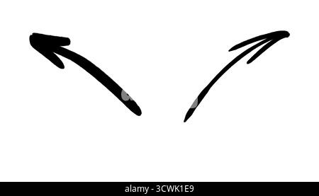 Satz von zwei schwarzen, handgezeichneten Pfeilen, die diagonal nach oben zeigen, isoliert auf transparentem Hintergrund. Gekrümmte Skizzenpfeile für Bezugshinweise, Hervorhebungen oder Stockfoto