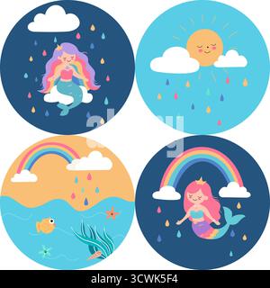 Vektor-Aufkleber mit niedlichen Meerjungfrauen, Regenbogen, Meer, Fisch, Wolken, Sonne und Regentropfen in runden Kompositionen. Helles und verspieltes Design für Kinder, Textilien, Aufkleber und Drucke. Stock Vektor