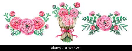 Aquarellset Ranunkulus Blumensträuße. Blumenelement. Aquarell rosa Ranunkeln Blumen Illustration Stockfoto