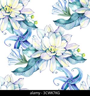 Nahtloses Muster aus hellblauen und gelben Blumen und Schmetterlingen. Die Blüten haben eine leicht unebene, gemalte oder Aquarellfarbe ähnliche Textur. Stockfoto