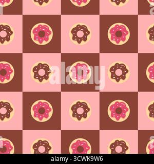 Vektor nahtloses kariertes Muster mit roten und Schokoladen Donuts auf braunen und rosa Quadraten. Süßes Design für Bäckerei, Kinder, Café und Textilien. Stock Vektor