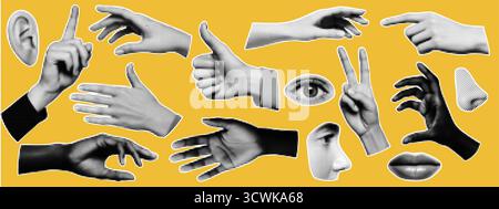 Punk Hands Collage Kit. Ein aufständisches Mundelement mit gelbem Aufkleber und Retro-Design für ein Grunge-Poster. Stock Vektor