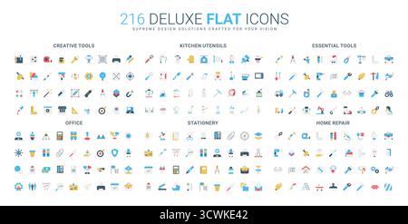 Umfassende Kollektion flacher Icons mit kreativen Werkzeugen, Küchenutensilien, unverzichtbarer Ausrüstung, Bürobedarf, Schreibwaren, und Heim-Reparatur-Objekte isolierte Vektor-Illustration Stock Vektor