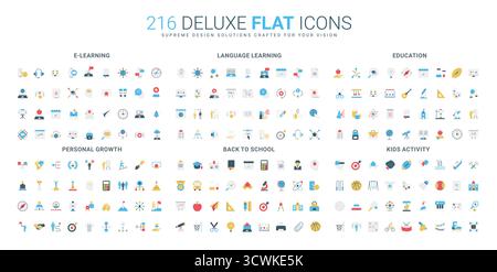 Farbenfrohe flache Symbole umfassen E-Learning, Sprachstudium, Bildung, persönliches Wachstum, Schulbeginn, und Kinder-Aktivitätsthemen, die verschiedene Bildungskonzepte unterstützen, isolierte Vektorillustration Stock Vektor