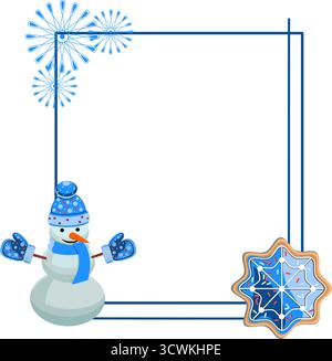Feiertagsrahmen mit Schneemann in Handschuhen und Hut, Schneeflocken, Lebkuchenkeks, Vektor-Illustration Stock Vektor