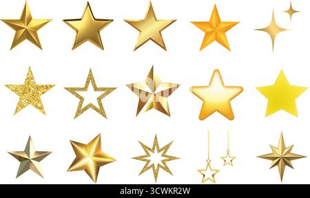 Eine Kollektion goldener Sterne mit verschiedenen Formen, Größen und Designs, perfekt für Auszeichnungen, Dekorationen oder festliche Motive Stock Vektor