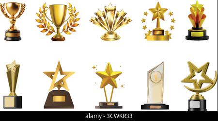 Eine Sammlung goldener Trophäen, die Sieg, Leistung und Exzellenz bei verschiedenen Wettbewerben und Anerkennungsveranstaltungen symbolisieren Stock Vektor