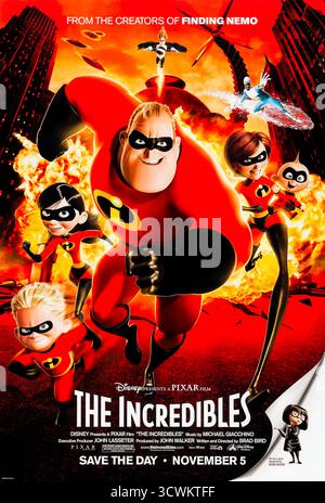The Incredibles (2004) von Brad Bird mit Craig T. Nelson, Holly Hunter und Samuel L. Jackson. Eine Familie von Superhelden, die verdeckt leben, wird wieder zum Einsatz gezwungen, als ein neuer Bösewicht die Welt bedroht. Foto eines Original-Posters aus dem Jahr 2004 (USA), das NUR FÜR REDAKTIONELLE ZWECKE VERWENDET WIRD. Quelle: BFA / Walt Disney Pictures Stockfoto
