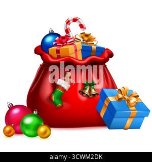 Ein leuchtend roter Weihnachtssack voller farbenfroher Geschenke, glänzender Kugeln, Glocken und einem Zuckerrohr. Daneben befindet sich eine blaue Geschenkbox. Auf weißem Hintergrund. Stock Vektor