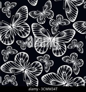 Wunderschöner einfarbiger nahtloser Schwarzweiß-Hintergrund mit fliegenden Schmetterlingen Stock Vektor