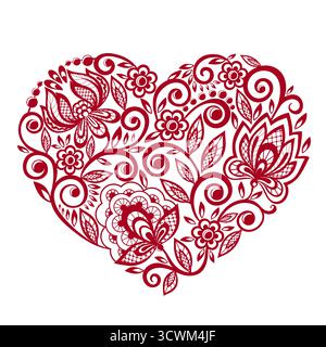 Silhouette von Herzspitzenblumen, Blättern. Isoliert auf weiß. Stock Vektor