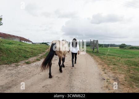 Mädchen führen gesatteltes Pferd auf Einem Feldweg in der Landschaft, Konzept des Reitlebens, ländliche Abenteuer, Verbindung mit Tieren und Outdoor AC Stockfoto