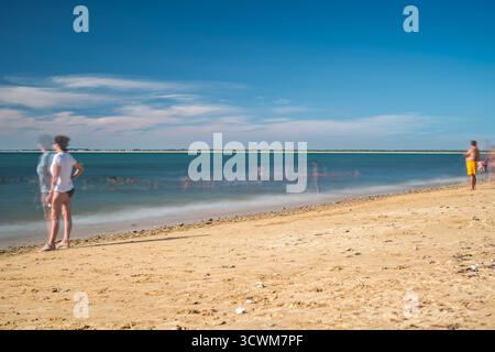 Verschwommene Figuren verschmelzen in goldenem Sand und sanften Wellen unter einem wunderschönen Himmel in Sanlucar de Barrameda, während zwei Personen die Aussicht genießen. Stockfoto