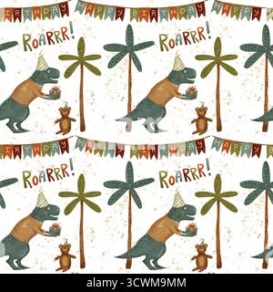 Eine skurrile und farbenfrohe Geburtstagsszene mit freundlichen Dinosauriern und verspielten, fröhlichen Elementen. Handgezeichnetes nahtloses festliches Muster zum Bedrucken von Textilien, Papier und Verpackungsmaterialien. Stockfoto