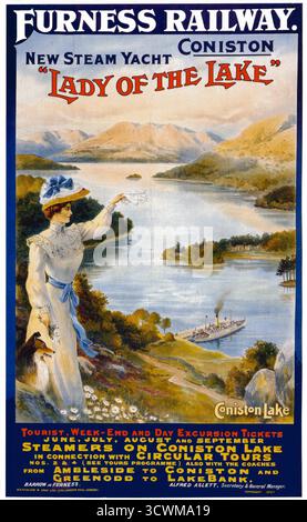 Ein prächtiges Reiseposter aus dem Jahr 1900 für die Lady of the Lake, eine Bootsfahrt auf Coniston Water im Lake District. Stockfoto