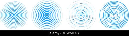 Blauer radialer konzentrischer Kreis. Lineare, gestrichelte und gepunktete Ringe für Epizentrum, Ziel, Radar, Erdbeben, Tsunami-Symbol. Erfassung von Schallwellensignalen. Vektorwellige expansive Vibrationselemente Stock Vektor