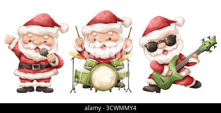 Aquarell Cartoon Illustration Set von santa claus als Rock and Roll Band Mitglied . Mit Weihnachtsmann singen, ein komplettes Schlagzeug spielen und eine El zerschneiden Stockfoto