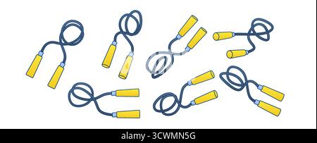 Vektor-Illustration des Sprungseils Set mit gelben Griffen und blauem Seil. Springe mit den Symbolen für Fitness, Cardio, Fitnessstudio und Workout. Einfaches Sprungseil Stock Vektor