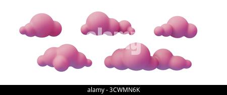 Pinke Wolke im 3D-Vektorstil festgelegt. Niedliche pinke Wolken mit flauschigen, abgerundeten Formen und weichen Farbverläufen, ideal für abstrakte Hintergründe und Zeichentrickfilme Stock Vektor