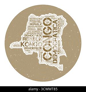 DR Congo Vektorbild. Country Round-Logo-Design. DR. Congo Poster in Kreisbögen und Wortwolken. Erstaunliche Vektorillustration. Stock Vektor