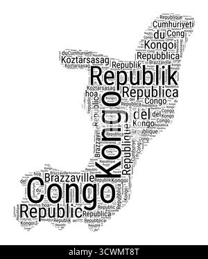 Schwarzweiß-Wortwolke in Kongoform. Einfache typografische Darstellung des Landes. Schwarze Wolke auf weißem Hintergrund im Kongo. Stock Vektor