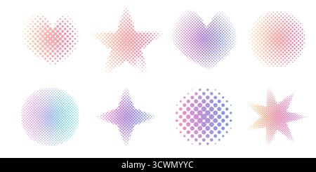 Trendige y2k-Dekoration mit Herz-, Kreis- und Sternenmuster im Halbton. Farbverlauf, Retro-Pixel, Korneffekt. Gepunktete Herzen im Pop-Art-Stil, isoliert auf weiß. Vektorabbildung Stock Vektor