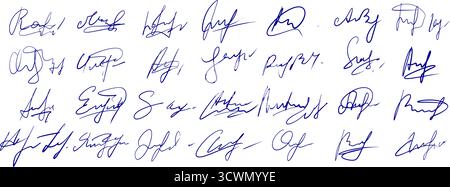 Handgezeichnete gefälschte Unterschriften. Satz verschiedener blauer Tinte für Dokumente oder Designelemente Stock Vektor