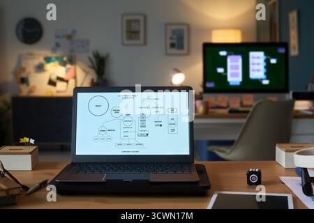 Mann, der am Softwareentwicklungsprojekt am Schreibtisch arbeitet Stockfoto