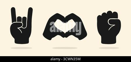 Ein kleiner Streifen schwarzer Handsymbole, darunter erhöhte Hörner, symbolisieren ein herzbildendes Paar und eine geballte Faust Stock Vektor