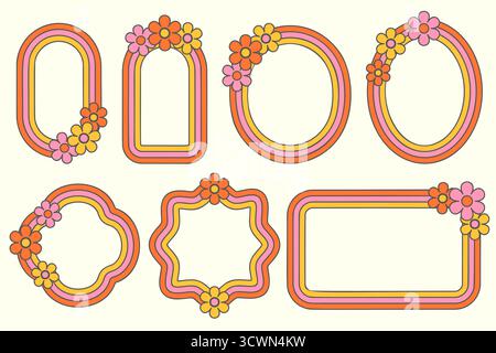 Groovige Rahmen mit Regenbogenmuster. Retro-Muschelrand mit Blumen. Vektor süße psychedelische abstrakte mädchenhafte dekorative Vorlagen Stock Vektor