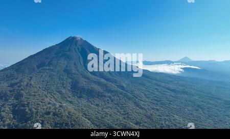 Ein majestätischer vulkanischer Gipfel erhebt sich über einem üppig grünen Wald, dessen Hänge scharf vor dem klaren blauen Himmel definiert sind und einen atemberaubenden Blick auf die Schönheit von Flores bietet. Stockfoto