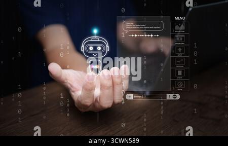 Futuristisches KI-Chatbot-Hologramm, das auf der menschlichen Handfläche schwebt und intelligente digitale Assistenten, virtuelle Interaktion und künstliche Intelligenz im Moder repräsentiert Stockfoto