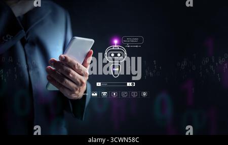 Futuristisches KI-Chatbot-Hologramm, das von einem Smartphone angezeigt wird und einen intelligenten virtuellen Assistenten, Automatisierung und modernen Kundensupport mit arti symbolisiert Stockfoto