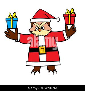 weihnachtsmann gekleidete Eule mit Geschenken zur Hand Fantasy-lustige Figur für Kinder Stock Vektor