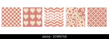 Retro-grooviges Schachbrett mit funkigen Herzen, welligen Linien, Gänseblümchen und Kleeformen für Valentinskarten in rosa Farbe. Romantische Vintage-Muster für Textil- oder Geschenkpapier-Design. Stock Vektor