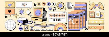 Nostalgisches y2k-Sticker-Fensterset mit Retro-Computermonitor, Fehlerdialogen und Spielschnittstellen für Webdesign. Pastellorange und violette Elemente mit lächelnden Gesichtern, Herzen und Musikspielern. Stock Vektor