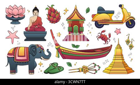Thailändische Kultur-Ikonen mit Buddha-Statue, Lotusblume, Tempel und traditionellem Elefant für Tourismus Design. Farbenfrohe Boot- und Motorroller, Pagode, Krabben und dekorative Elemente. Symbole des asiatischen Kulturerbes Stock Vektor