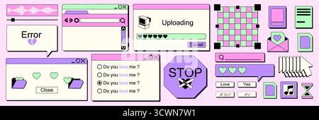 Retro y2k Sticker Fensterelemente mit Fehlermeldungen, Upload-Leisten und Browser-Frames für nostalgisches Webdesign. Digitale Popup-Dialogfelder in Pink und Lila mit Herzen, Schaltflächen und Symbolen. Stock Vektor