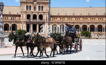 Sevilla, Spanien - 23. April: Eine Pferdekutsche mit zwei Fahrgästen auf einem historischen platz, umgeben von kunstvoller Architektur und klarem blauem Himmel Stockfoto