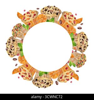 Cupcakes mit Minzblatt, Orangenscheiben, Zuckerstreuseln, Kakaobohnen und Schokoladenchips auf Muffins. Handgemalter isolierter Kranz Stockfoto