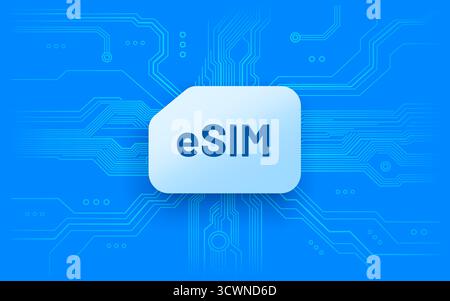 Symbol für eSIM-Karte im Hintergrund des digitalen Schaltkreises. Moderne eingebettete SIM-Technologie für globale Konnektivität. Vektorabbildung. Stock Vektor
